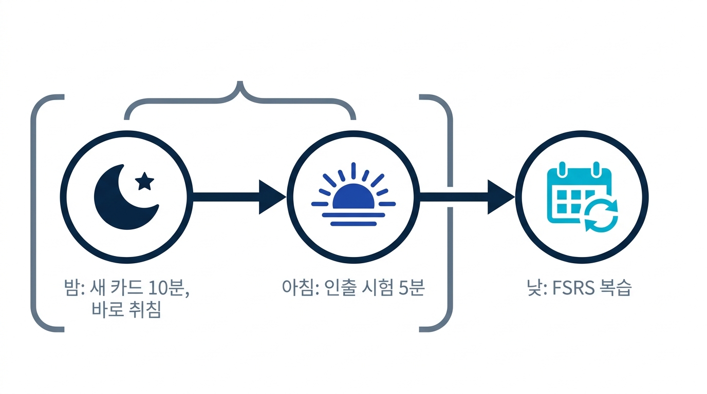 밤에는 새 카드 암기 후 취침, 아침에는 어젯밤 분량 인출 시험, 낮에는 FSRS 복습이라는 하루 골든 루틴 도식