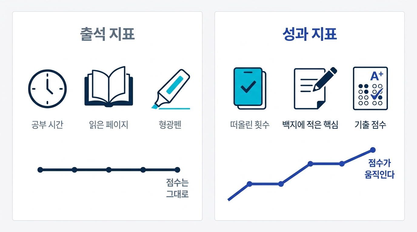 출석 지표(시간·페이지 수)와 성과 지표(떠올린 수·점수)의 대비 도식. 성적에 영향을 주는 것은 성과 지표