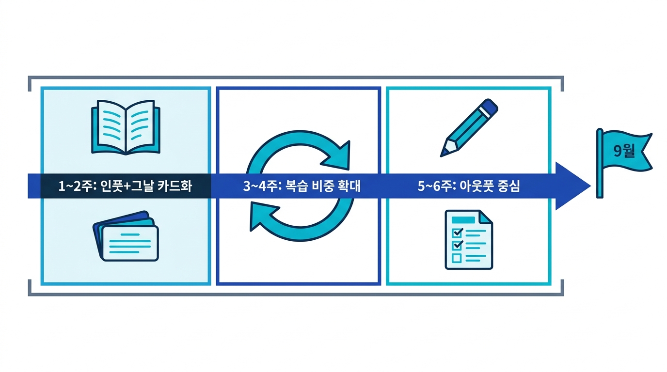 40일 여름방학 암기 계획 타임라인. 전반은 인풋과 카드화, 중반은 복습 비중 확대, 후반은 아웃풋 중심으로 전환