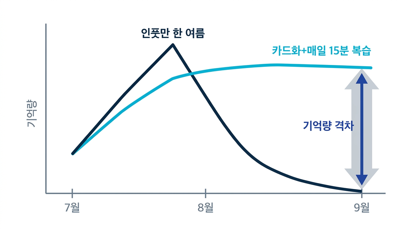 8월의 비극 그래프. 인풋만 한 여름은 9월까지 기억이 급락하지만, 카드화와 매일 복습을 한 여름은 높은 수준을 유지한다