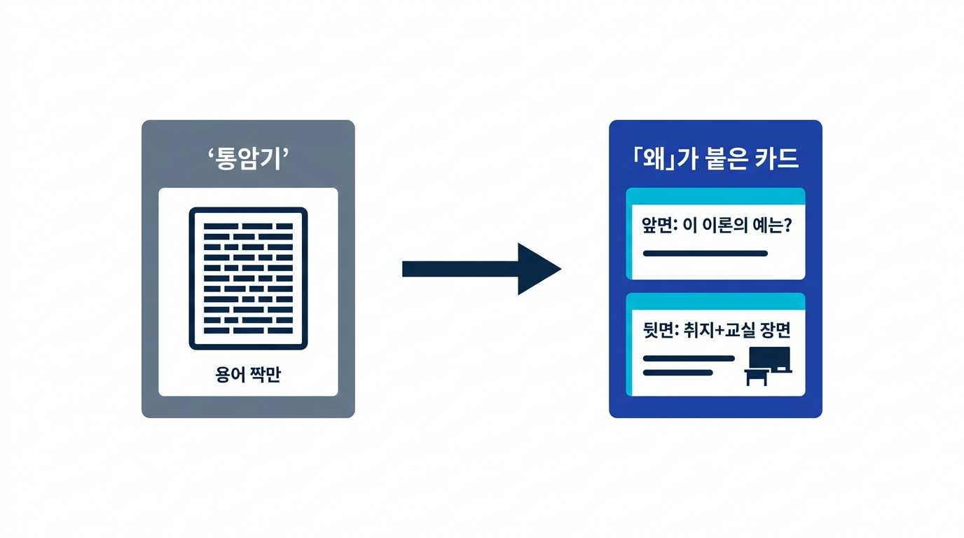 교육학 이론을 용어 통암기가 아니라 취지와 적용 장면을 함께 묻는 암기카드로 변환하는 예