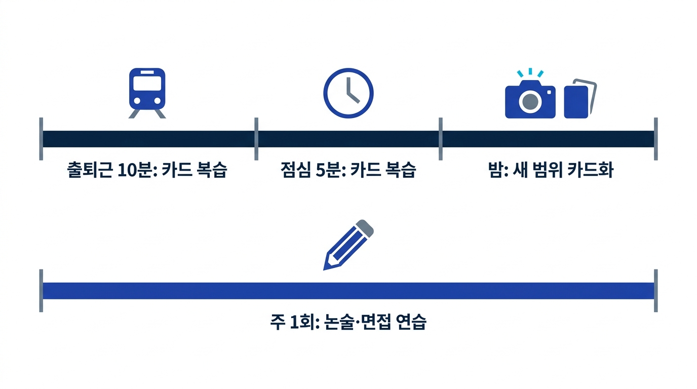 일하면서 임용을 준비하는 하루 학습 루프. 출퇴근과 점심 자투리 시간에 카드를 복습하고 밤에 새 범위를 카드화한다