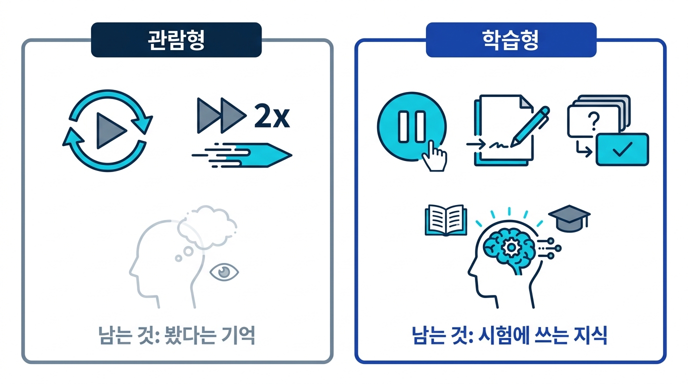 관람형 시청과 학습형 시청을 대비해 1주일 뒤 남는 것의 차이를 보여 주는 비교 도식
