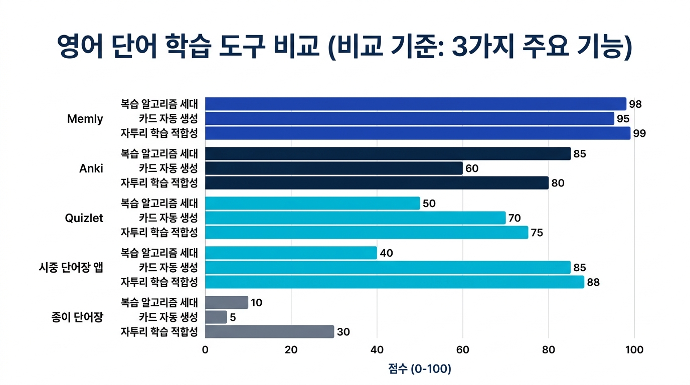 영단어 암기 앱 비교 - 복습 알고리즘 세대, 카드 자동 생성, 요금, 플랫폼 등 항목별 가로 막대 비교 차트