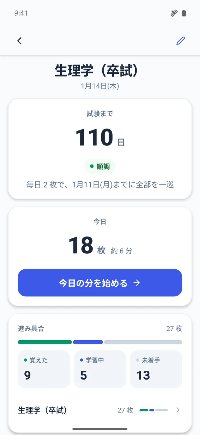 Memlyの試験モード画面。生理学（卒試）1月14日、試験まで110日、順調、今日18枚で約6分、進み具合は27枚のうち覚えた9枚、学習中5枚、未着手13枚
