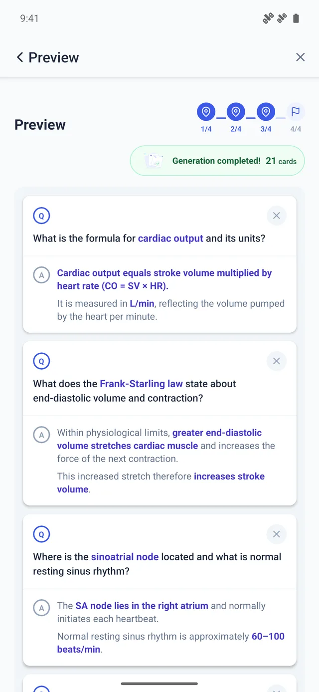 Memly's Preview screen after generation, showing 'Generation completed! 21 cards' and question-and-answer cards on cardiac output, the Frank-Starling law and the sinoatrial node