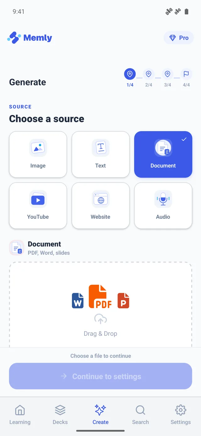Memly's Generate screen with six source types to choose from: Image, Text, Document (PDF, Word, slides), YouTube, Website and Audio