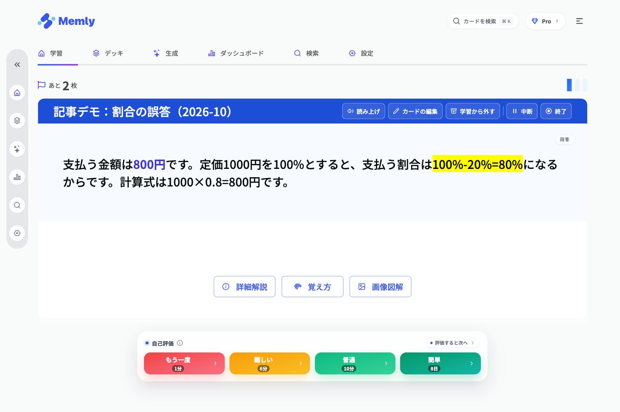 答えを見た後、思い出せた程度を選ぶ